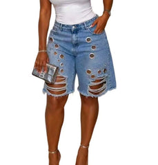 Cyflymder   Summer New Fashion Women's Hole Washing Water Corns Loose Denim Shorts High Waisted Ripped 5-point Jeans