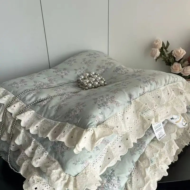 Cyflymder  Lace Pure Cotton Quilt 200x230cm Comforter Thin Summer Floral Printed Double Layer Gauze Quilted Blanket Queen Size Bedding