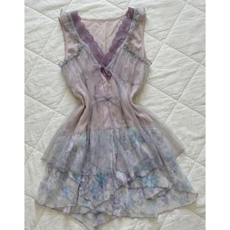 Cyflymder  Summer Y2K Vintage Dress 2 Piece Set Women Sweet Floral Print V-neck Lace Mini Dress Elegant Fashion Slim Evening Party Dress
