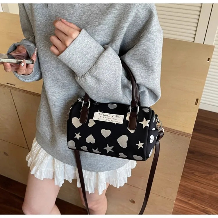 Cyflymder  Harajuku Style Heart Star Print Canvas Bag Women Sweet Cute Boston Bag Ladies Versatile Fashion Trendy Handbag Y2k Aesthetic New