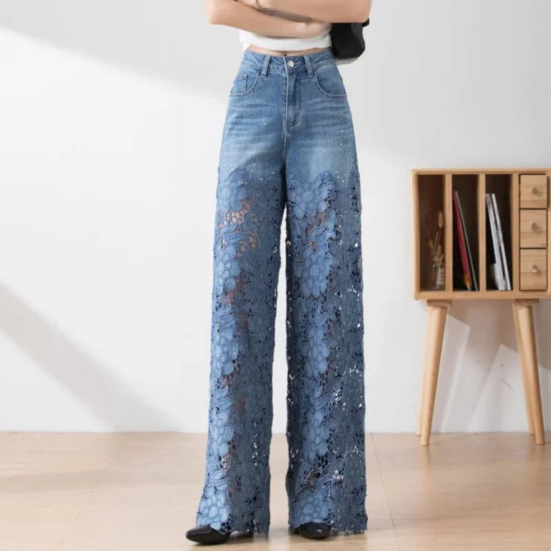 Cyflymder  Fashion Elegant Jeans for Women High Waist Lace Patchwork Pantalones Hollow Out Oversized Spring Casual Loose All Match Pants