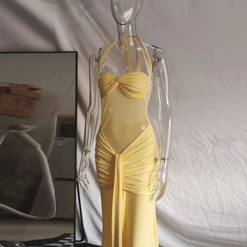 Cyflymder  Sexy Party Women Dress Halter Sleeveless Backless Slim Hip Package Maxi Slid Female Dresses 2025 Evening Elegant Chic Lady Robe