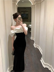 Cyflymder DRESS TO IMPRESS Mermaid Dresses Women Sexy Slash Neck Off Shoulder Ruffles Patchwork Elegant Slim Evening Party Dress Female Backless Vintage