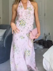 Cyflymder  Women Retro Floral Print Stand Collar Maxi Skirt Elegant Deep V Neck Sleeveless Front Bodycon Party Dresses Formal Evening Dress