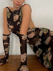 Cyflymder  Vintage Mesh Maxi Dress Female Streetwear Floral Printing Open Back Off-shoulder Bodycon See Through Sexy Dress With Gloves