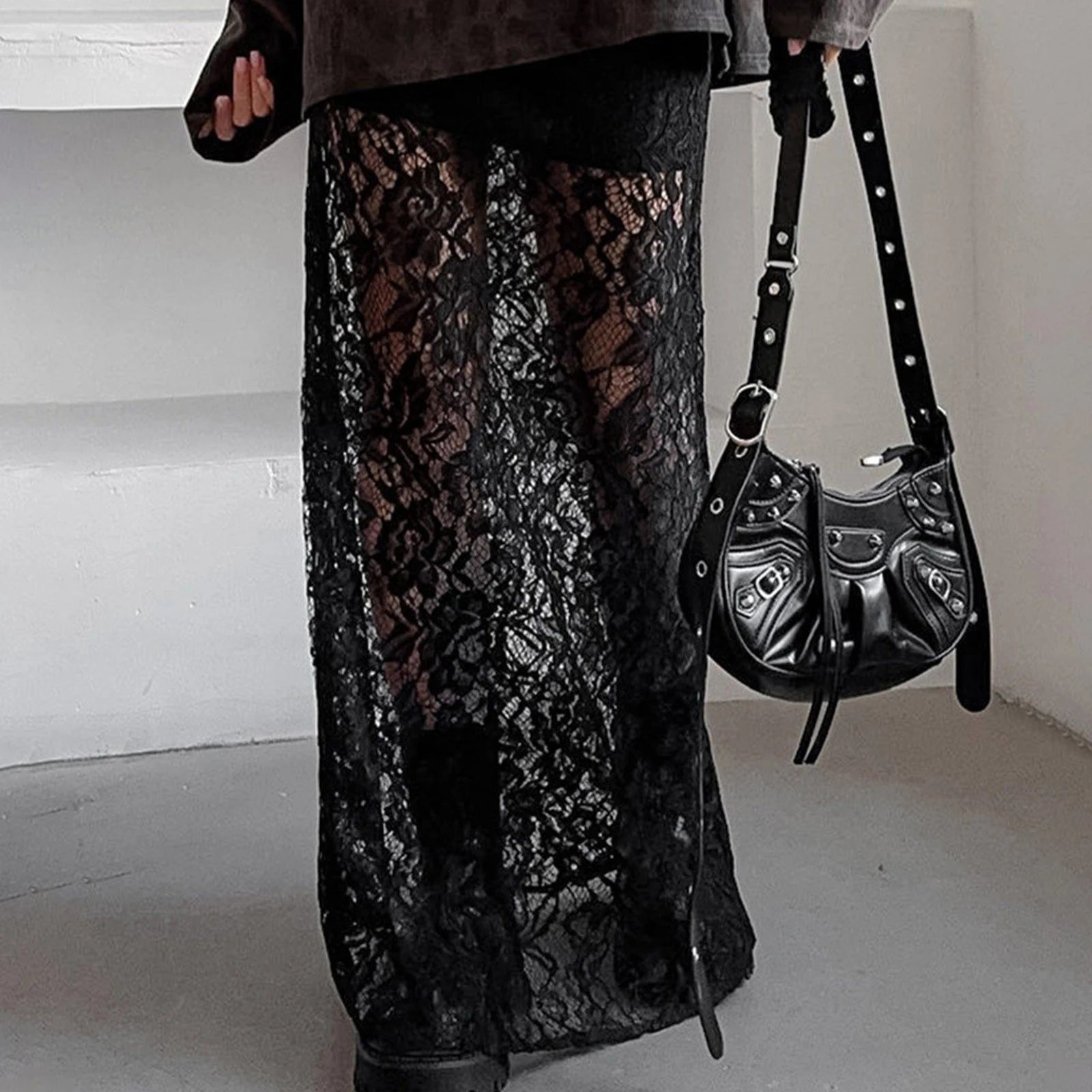 Cyflymder  Women's Summer Lace Long Skirts Elegant Low Waist Solid Color See-Through Midi Skirts Slim Fit Skirts