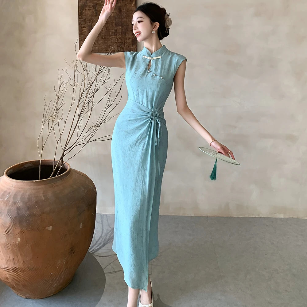 Cyflymder  Chinese Style Thin Dress Women Spring and Summer Stand Collar Cheongsam Slim Fit Dress Fashion Female Clothes