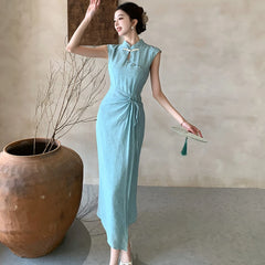 Cyflymder  Chinese Style Thin Dress Women Spring and Summer Stand Collar Cheongsam Slim Fit Dress Fashion Female Clothes