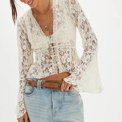 Cyflymder  Women Lace See Through Blouse Boho Sheer Long Bell Sleeve Ruffle Poncho Tops Sexy Mesh Flowy Frilly Hem Shawl Shirt