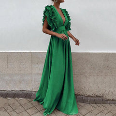 Cyflymder  Women Floor Length Long Dress For Wedding Ruffled Hem Sleeveless Deep V-Neck Sexy Cocktail Dress Clubwear Evening Party Dress