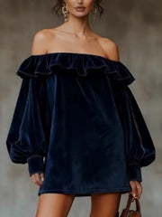 Cyflymder  Elegant Off Shoulder Velvet Dress Woman Sexy Elegant Temperament Slim Dress Vintage Long Sleeve Spring Autumn Mini Dress 2026