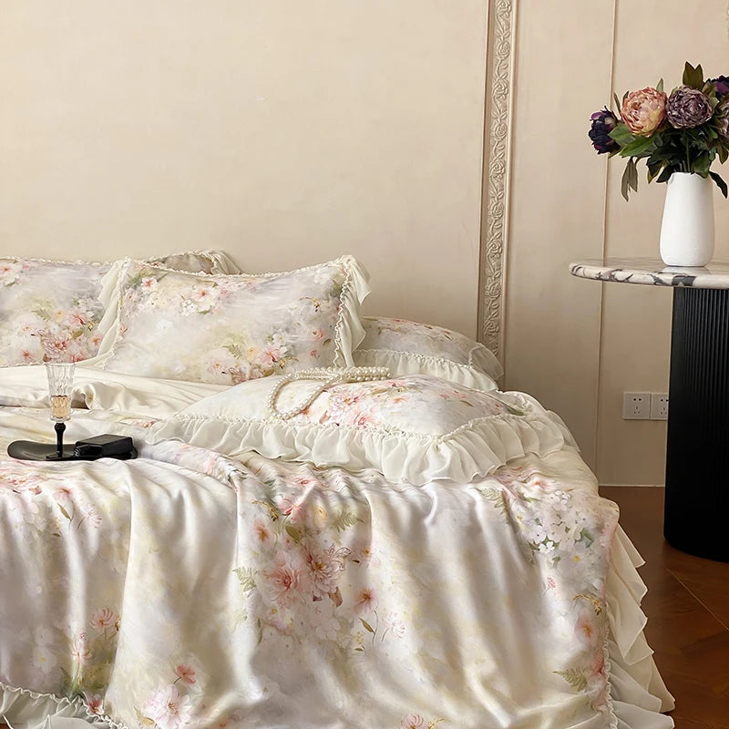 Cyflymder  Flower Prints Lace Ruffles Princess Bedding Set Lyocell Bamboo Fiber Soft Silky Cool Feeling Duvet Cover Bed Sheet Pillowcases