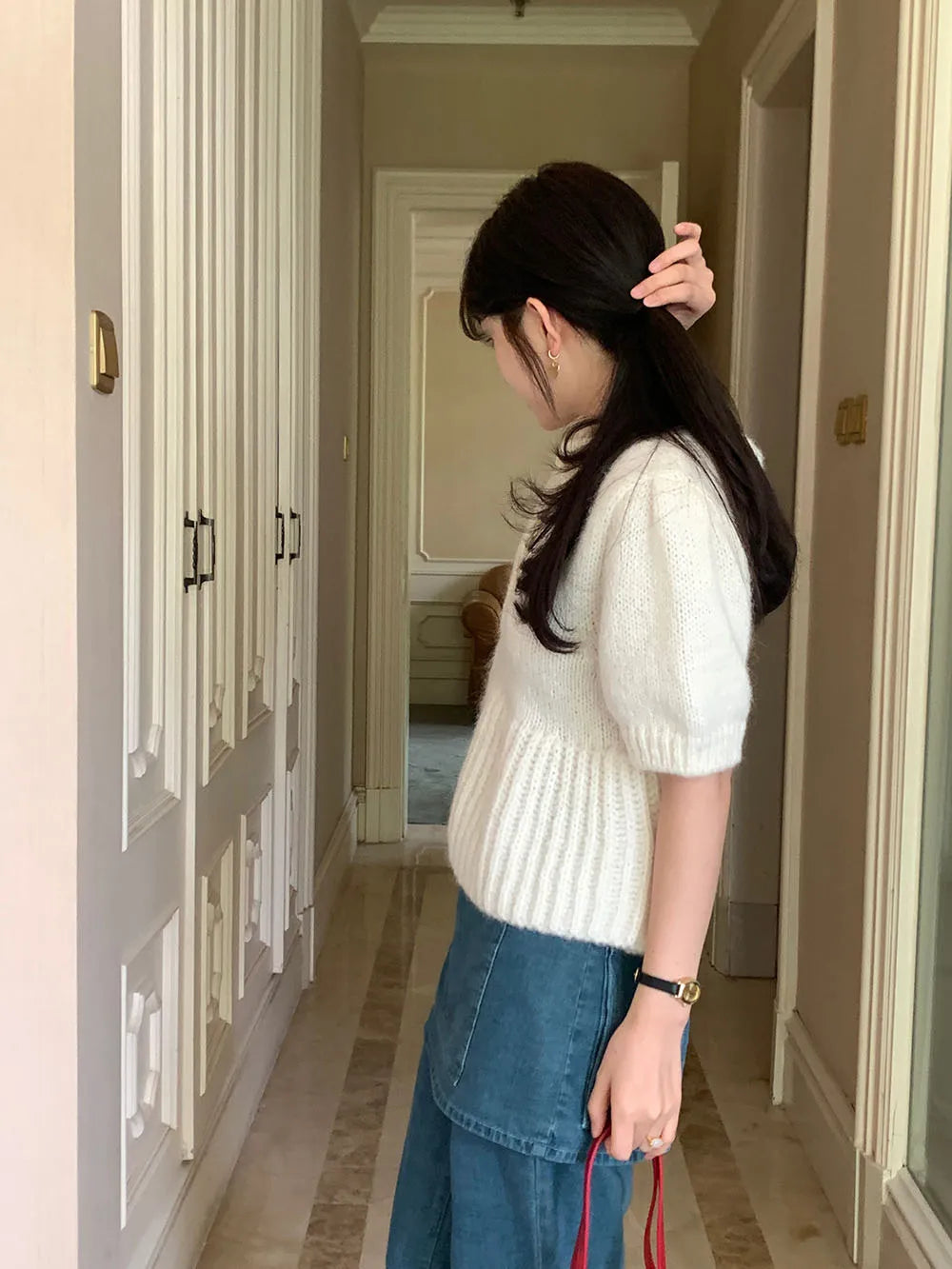 Cyflymder  Chic Autumn New Sle Retro Splicing Lace Trim Soft Bubble Sve Knitted Sweater Women's Faionable Commute Loose Fit