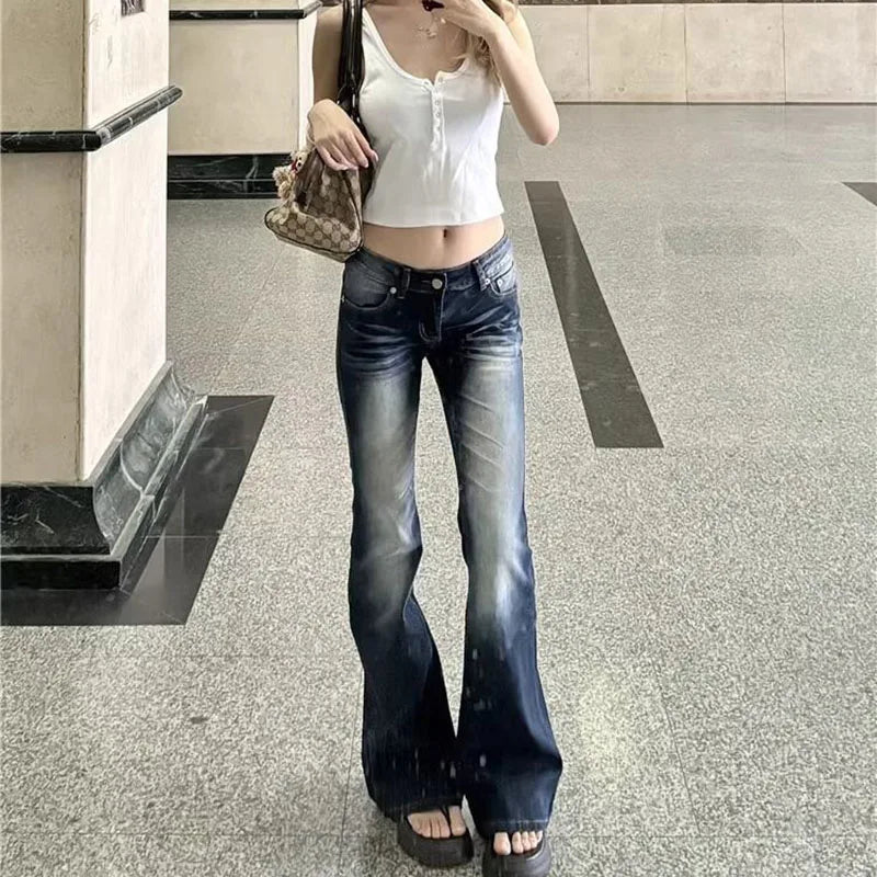 Cyflymder  Women Fashion Washed Denim Flares Pants Korean Style Low-Waist Slimming Wide Leg Jeans Female Streetwear Sexy Slim Y2K Trousers