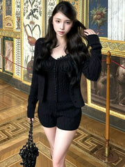 Cyflymder  Y2k Aesthetic Two Pieces Set Women Twist Single Breasted Slim Fit Cardigan + Sexy Lace Patchwork Fairy Vest Autumn Grunge Suit