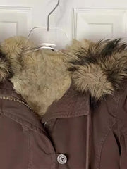 Cyflymder  Winter  American Vintage Y2K Warm Faux Fur Jacket Womens Brown Zipper Hooded Coat Autumn Casual Parkas Overcoats