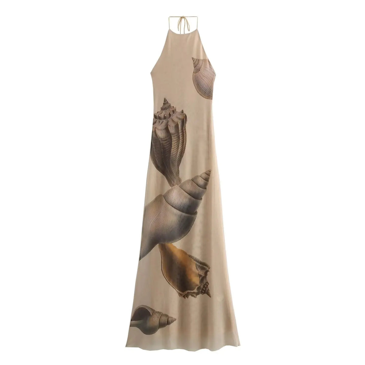 Cyflymder  Shell Printed Mesh Party Dress Halter Knitted Maxi Beach Autumn Dress Backless Bodycon Beige Christmas Long Vestidos