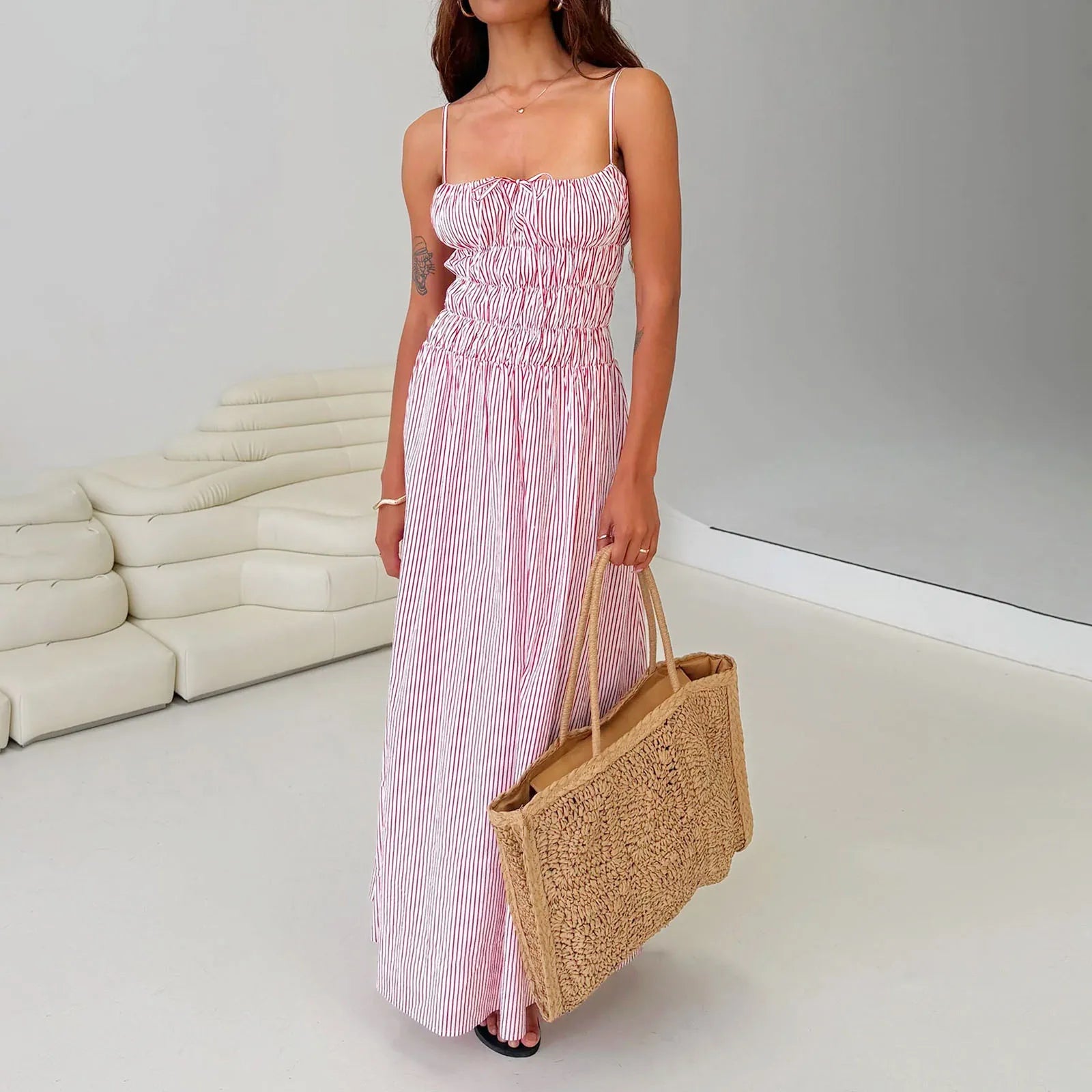 Cyflymder  Smocked Long Dress y2k Women Stripes/Floral Print Spaghetti Strap Sleeveless Dress Vacation Party Dresses Streetwear