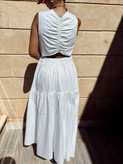 Cyflymder  Women's Elegant White Maxi Dress Pleated Round Neck Sleeveless Dress New Spring and Summer Fashion Party Beach Holiday Dress