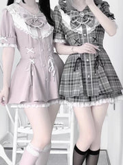 Cyflymder   New Summer Sweet Japanese Lolita Dress Set Women Cute Bow Lace Design Fashion Patchwork   Kawaii Outfits Pretty Slim Lovely Suit