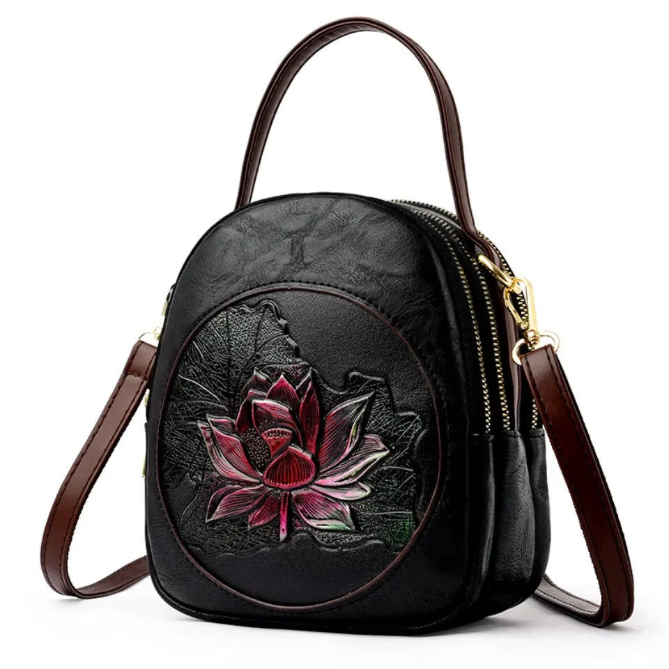 Cyflymder  Luxury 3-Layer Pockets PU Leather Women's Leisure Shoulder Bag and Purses Fashionable Lotus Pattern Crossbody Bag Ladies Sac