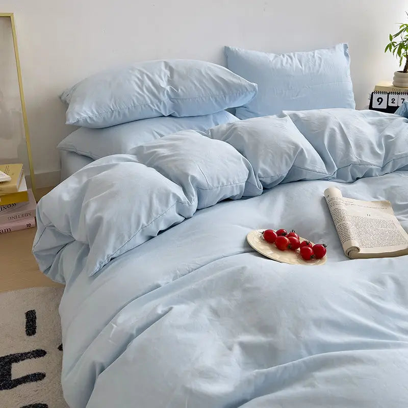 Cyflymder  INS Korean Style Fresh Blue Duvet Cover Washed Cotton Bed Sheet Bed Skirt Four-Piece Set Dormitory Simple Solid Color