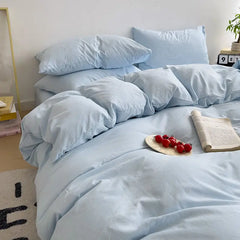 Cyflymder  INS Korean Style Fresh Blue Duvet Cover Washed Cotton Bed Sheet Bed Skirt Four-Piece Set Dormitory Simple Solid Color