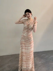 Cyflymder  Pink Smudge Dress Women's Summer New V-neck Flying Sleeves Straps Waist Temperament Dress
