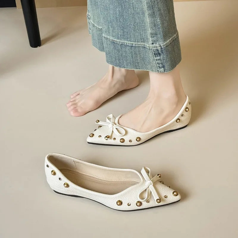 Cyflymder  Comfort Soft Leather PU Pointed Toe Flat Shoes Women Pearl Rivet Bowknot Design Elegant Dress Pumps Concise Lightweight Loafers