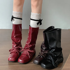 Cyflymder  Vintage Flats Women Western Cowboy Boots Fashion Ladies Square Toe Pleated Knight Mid Calf Booties