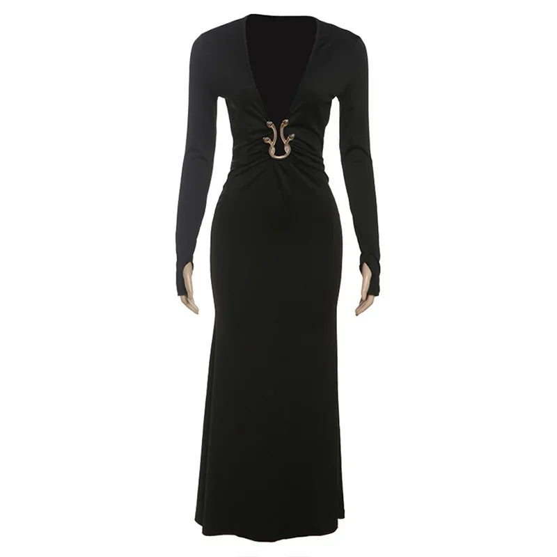 Cyflymder   Solid Elegant Sexy Metal Buckle Bodycon Maxi Party Dress Women Fashion Deep V Neck Full Sleeve Slim Evening Gown Long Robe