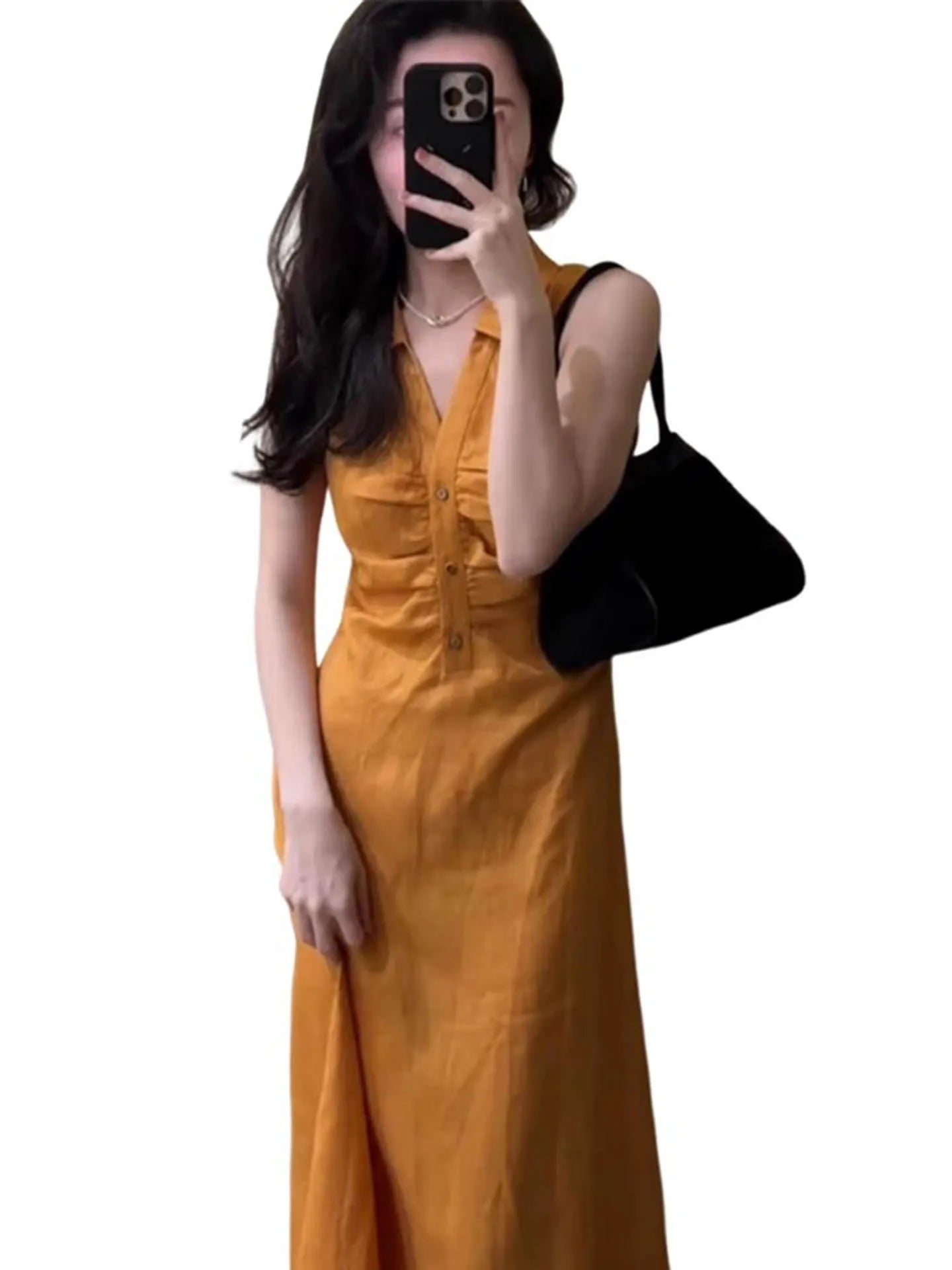 Cyflymder  Korean Style Yellow Dress Women's Summer Sleeveless Shirt Dress Elegant Waist Slimming Maxi Outfit