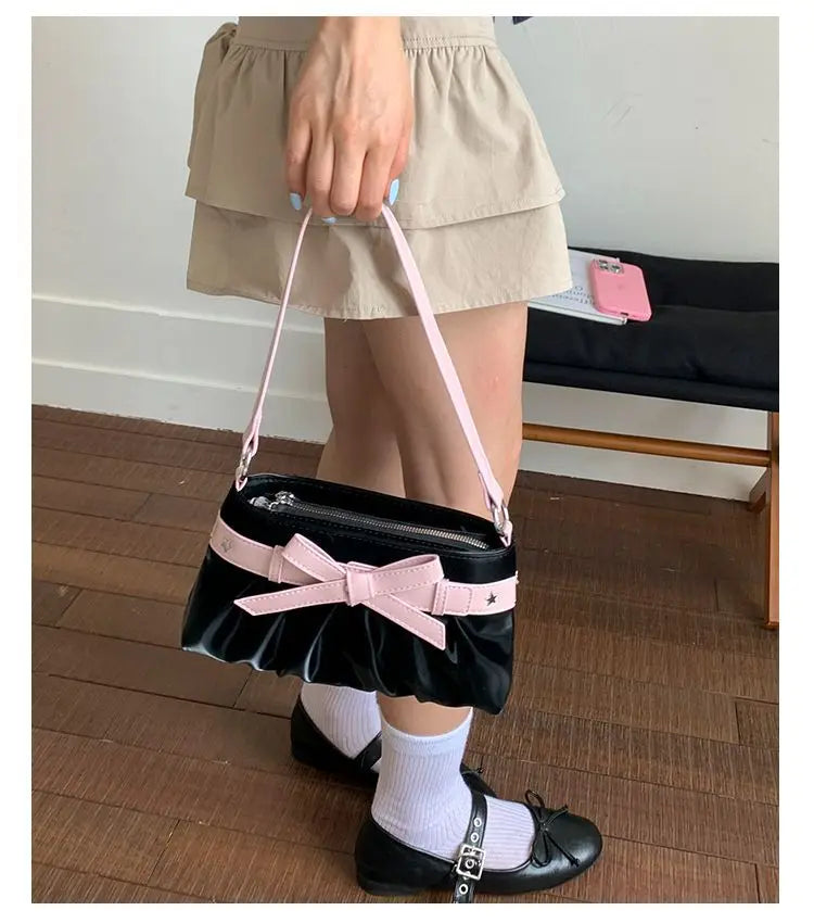 Cyflymder  Korean Hot Girl Bow Studded Handbag Women Simple Design Sweet Shoulder Bag Ladies Elegant Fashion Underarm Purse Y2k Aesthetic