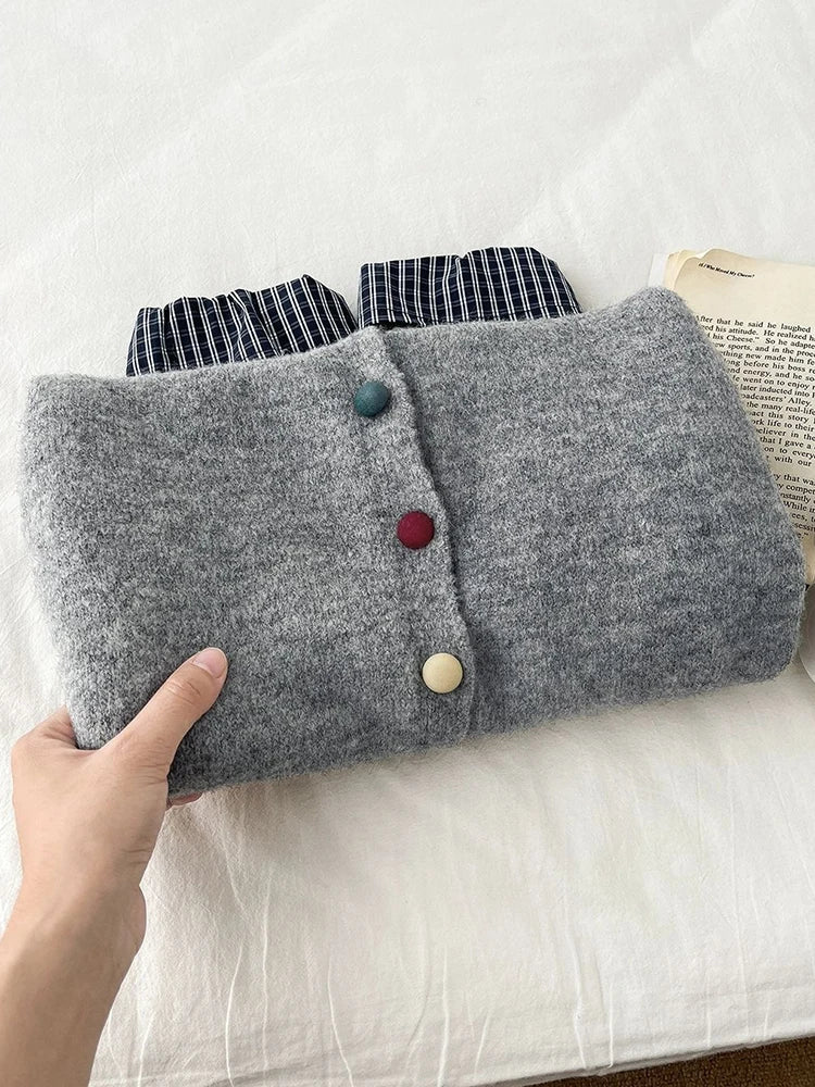 Cyflymder  Retro Patchwork Cardigan Sweaters Women Loose Casual Korean Knitted Coat Vintage Long Sleeve Design Buttons Sweet Gray Top