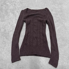 Cyflymder  Women Y2K Square Neck Cable Knit Sweater Slim Long Sleeve Bodycon Vintage Low Cut Knit Top Autumn Streetwear