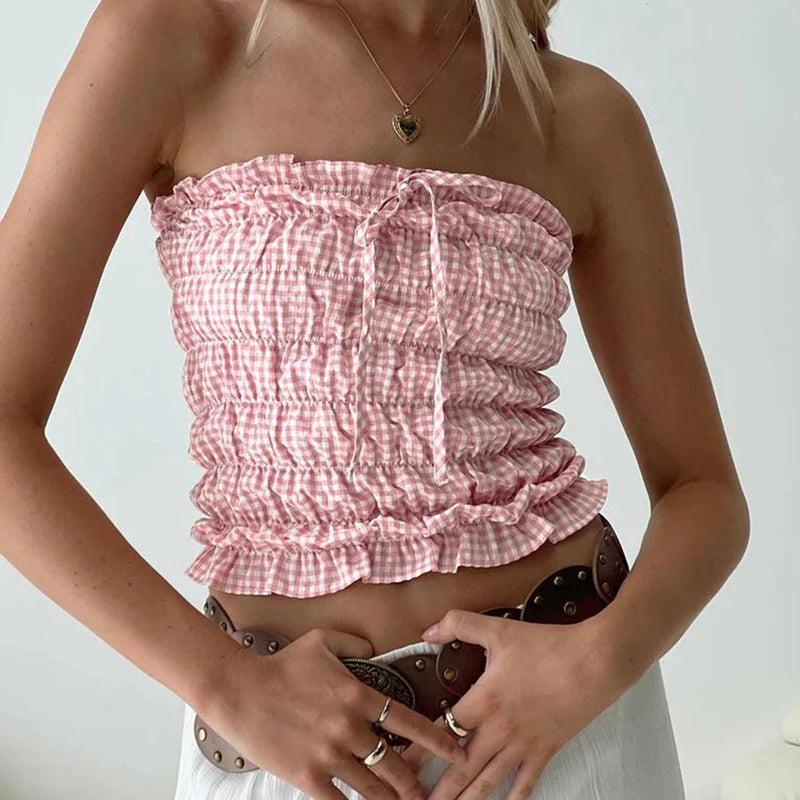 Cyflymder  Plaid Strapless Tube Tops Elastic Ruched Off Shoulder Crop Tops Bandeau 90s Vintage Backless Y2K Tank Vest Women