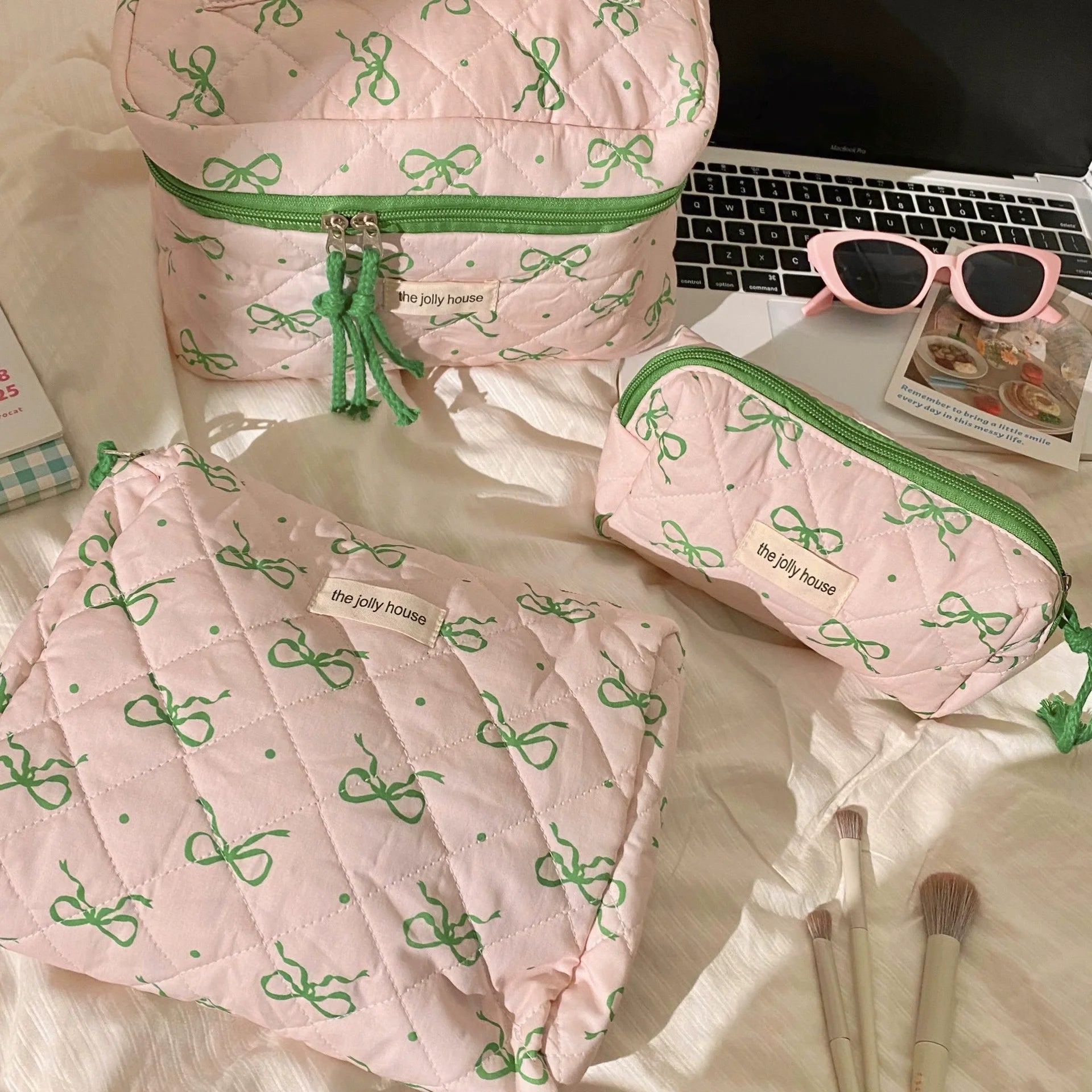 Cyflymder  1 Pc Korean Fashion Bow Pencil Case for Kids Girl Coffee Pink Green Color Dot Bow Stationery Bag Large Capacity Pen Storage Bag