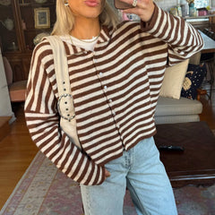 Cyflymder   Striped Loose Long Sleeve Knit Cardigan for Women Y2K Casual Autumn Outerwear Sweater Top