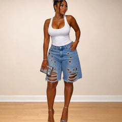 Cyflymder   Summer New Fashion Women's Hole Washing Water Corns Loose Denim Shorts High Waisted Ripped 5-point Jeans