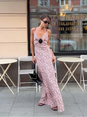 Cyflymder   Women Pink Ditsy Floral Satin Maxi Dress Spaghetti Strap Deep V Neck Front Blackless Ruffle Hem Women Street Vacation Dress