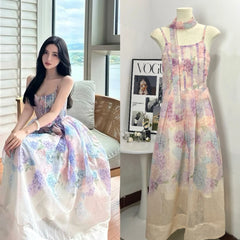 Cyflymder  Summer Floral Printing Spaghetti Strap Long Women Party Dress Lace-up Chic European Bohemian Vintage Holiday Beach Dress
