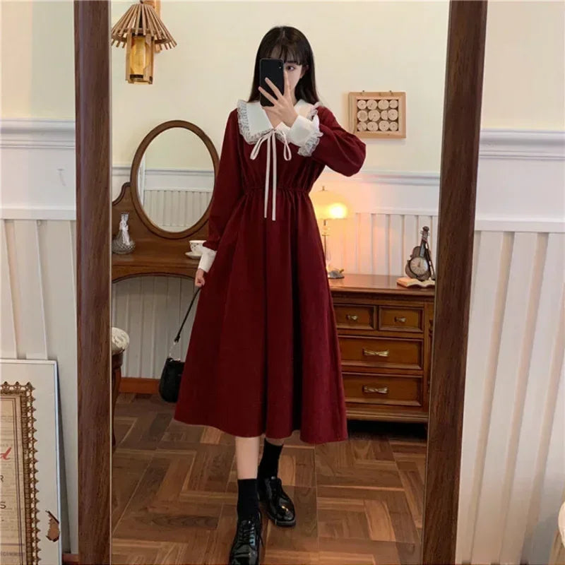 Cyflymder holiday dress New Vintage Shirt Dress Women Autumn Spring Long Sleeve Robe Kawaii Lolita Elegant Midi Dresses Korean Fashion Vestido платье