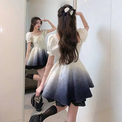 Cyflymder  Elegant Sweet Gradient Princess Puffy Dress Summer New French Style Petite Waist Slimming Fit Pure And Sexy Look