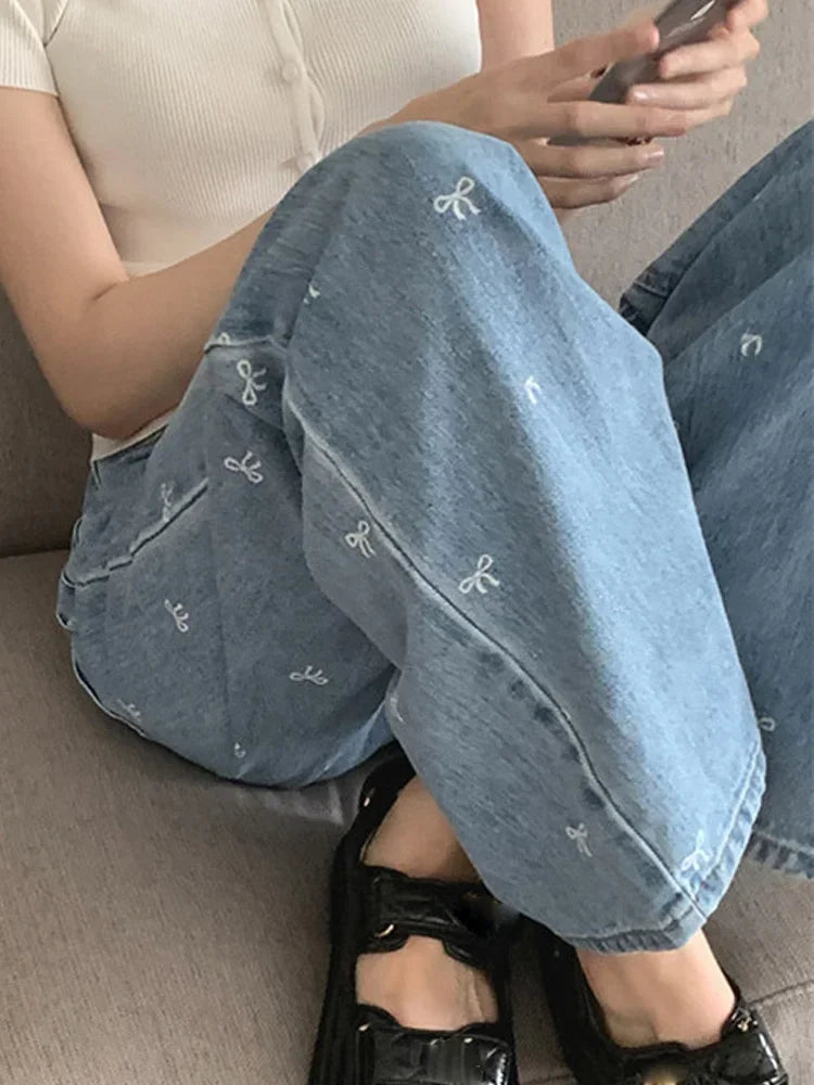 Cyflymder  Korean Sle Women's Jeans 2024 New Elegant  Knot Fashionable Youthful Loose Design Straight Leg Long Pants