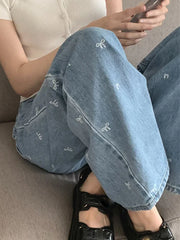 Cyflymder  Korean Sle Women's Jeans 2024 New Elegant  Knot Fashionable Youthful Loose Design Straight Leg Long Pants