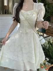 Cyflymder  Woman Dress Square Collar Puff Short Sleeve Ruffles Lace Bandage Flowers Spring Summer Sweet Elegant Dresses Princess