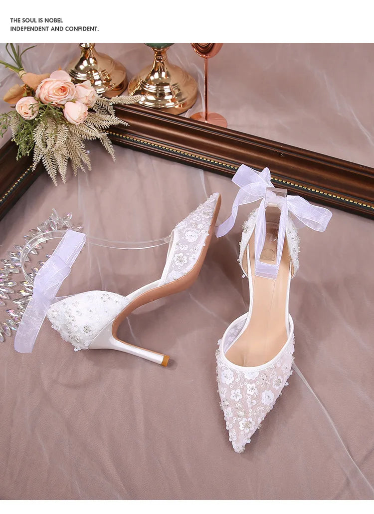 Cyflymder Size 33-42 Summer Beaded Women White Wedding Shoes Ankle Strap Pointed High Heel Pumps