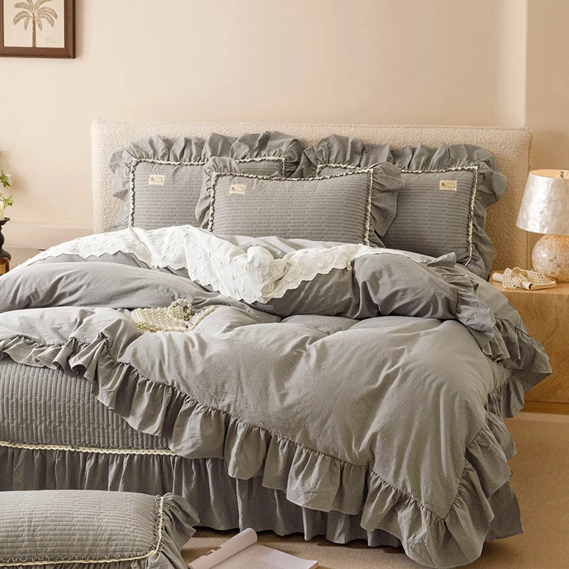 Cyflymder  100% Cotton yarn-dyed Plaid Washed Cotton Ruffles Korean Princess Bedding Set Duvet Cover Quilted Bedspread Pillowcases 4Pcs
