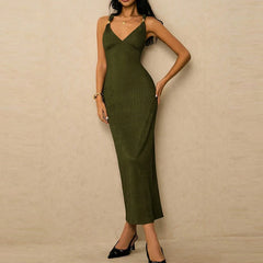 Cyflymder  Elegant V-neck High Waist Skinny Dress Women Sexy Backless Sleeveless Long Dress Fashion Draped Hollow Out Slim Gowns Dress