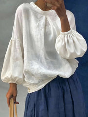 Cyflymder  Temperament Simple Solid Color Loose Blouse Summer New Elegant Lady Commuting Shirt Casual O-neck Lantern Long Sleeve Linen Tops
